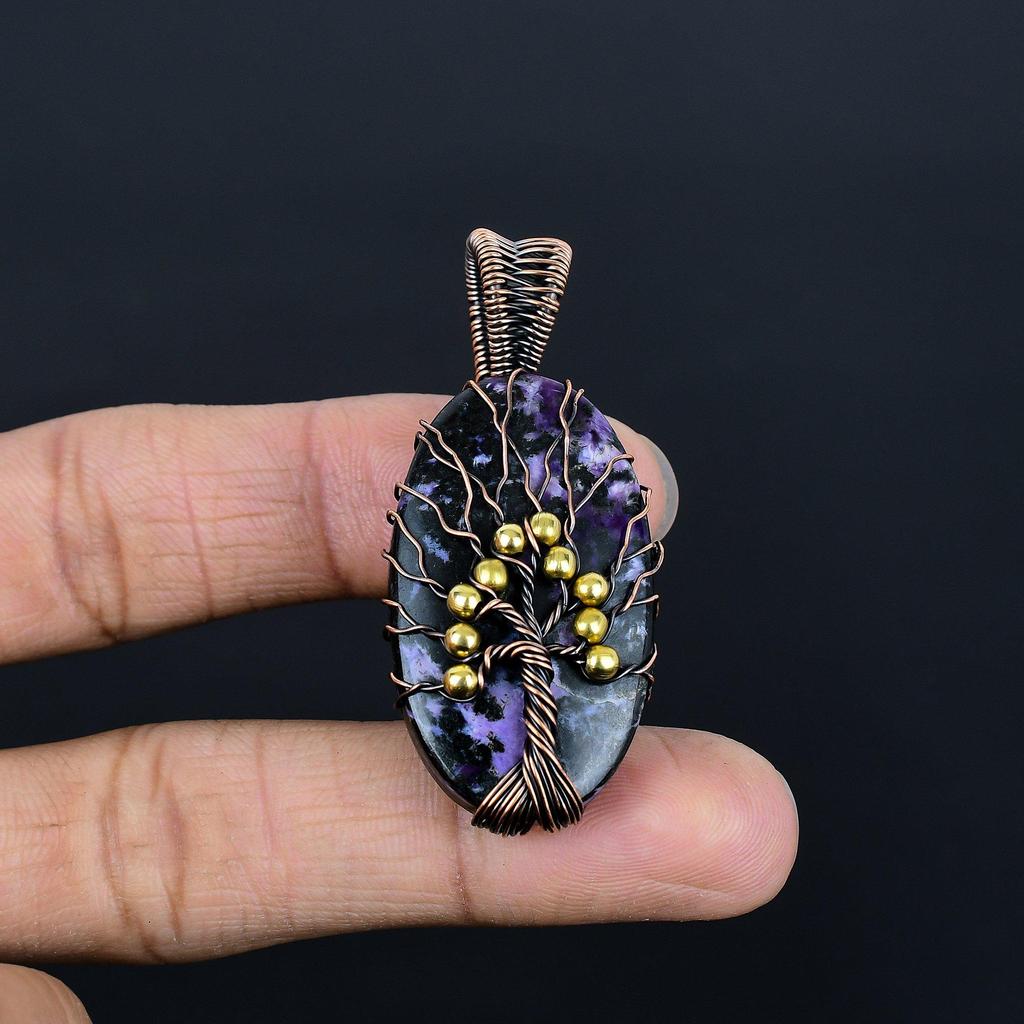 Charoite Handmade Gemstone Pendant, 999 Copper Wire Wrapped Pendant Antique Tree Of Life Jewelry, For Engagement Gift