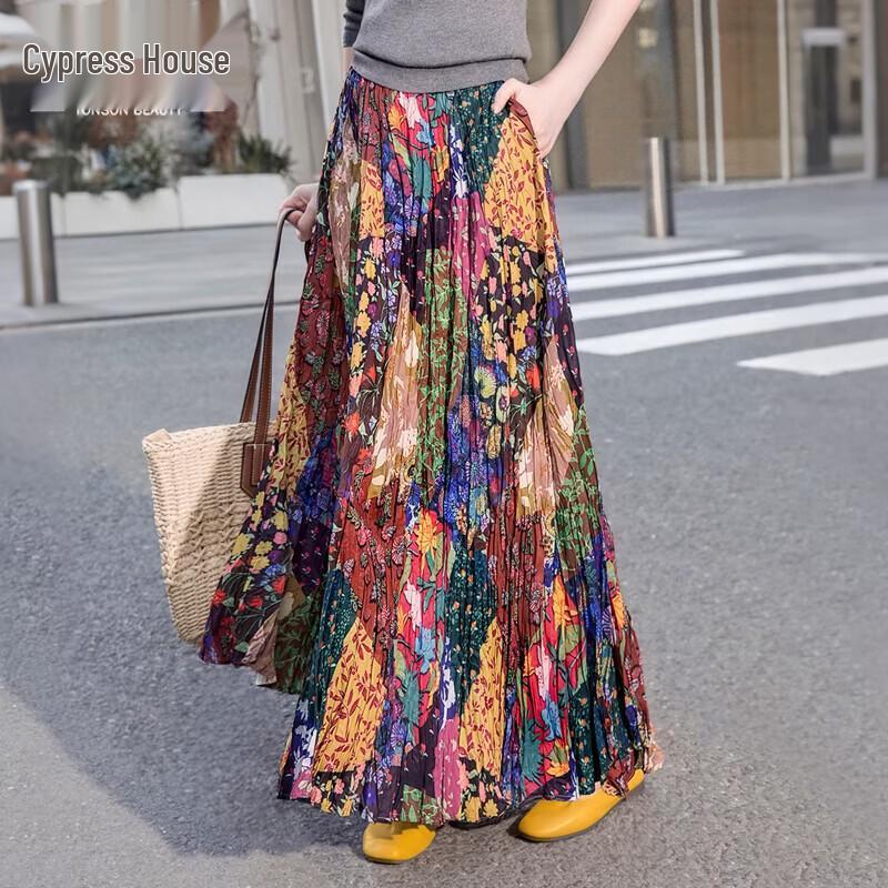 Women s Elastic Waist Colorful Floral A-Line Midi Skirt S