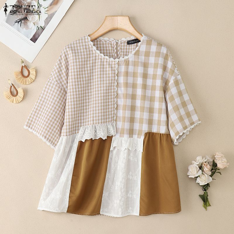 ZANZEA Damen Lässig Rundhals Kurzarm Locker Karierte Bluse