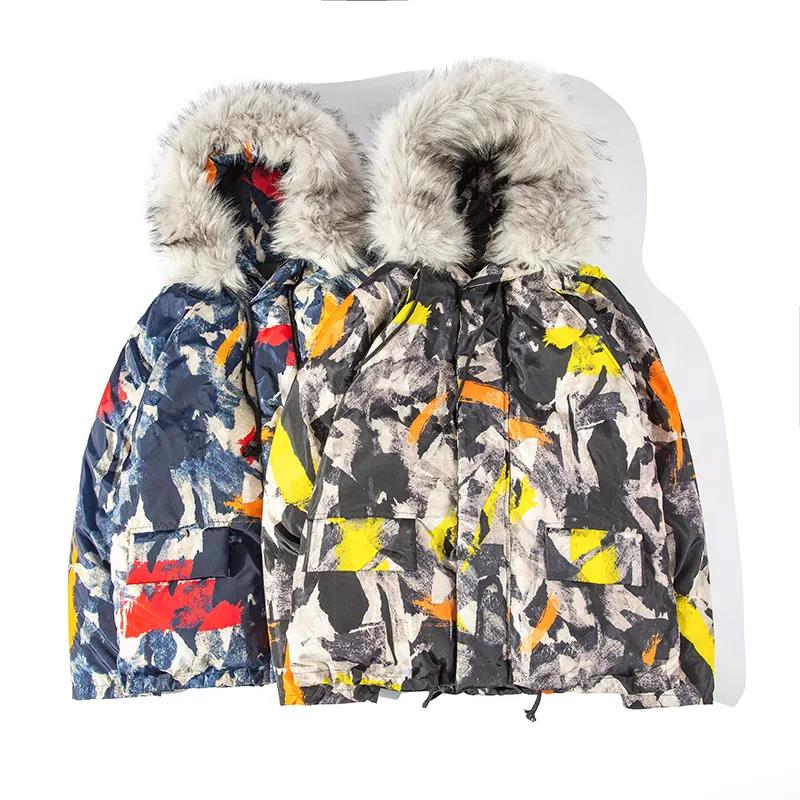 Daunenjacke in Übergröße, großer Pelzkragen, Kapuzenmantel, warme Daunenjacke für Herren, verdickter warmer Wintermantel, Camouflage-Kleidung