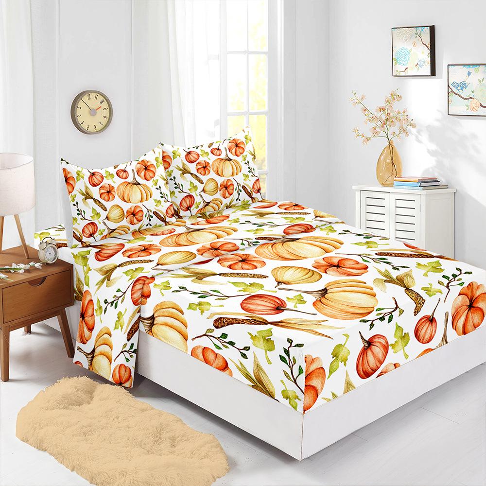 Four-Piece Mattress Set, Little Fox Pumpkin Thanksgiving 3D Digital Printing Mattress Protective Cover