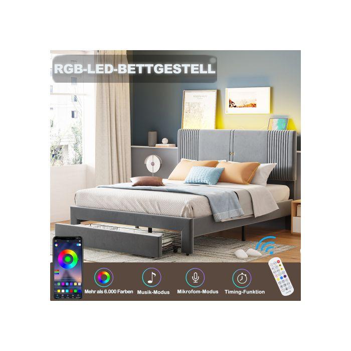Doppelbett - MUVOE - 140 x 200 cm - Mit Samt bezogen - Mit Schublade und USB - Grau