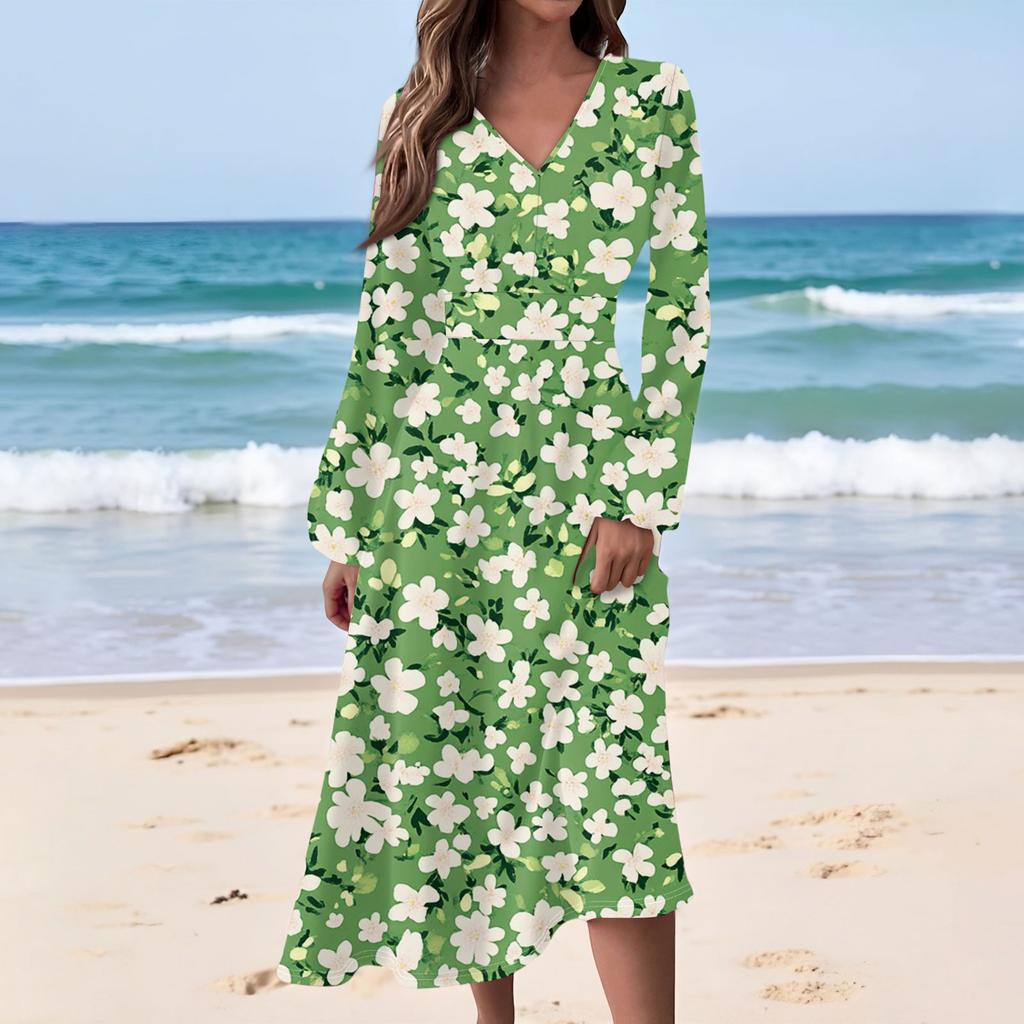 Dámské ležérní módní dlouhé šaty s květinovým potiskem, výstřihem do V a dlouhým rukávem, se zvýrazněným pasem