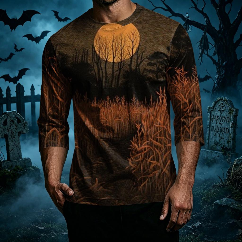 Men's Casual Halloween Print Crew Neck T Shirt Three Quarter Sleeve Regular Fit Top Suitable for Everyday Wear and Seasonal Events