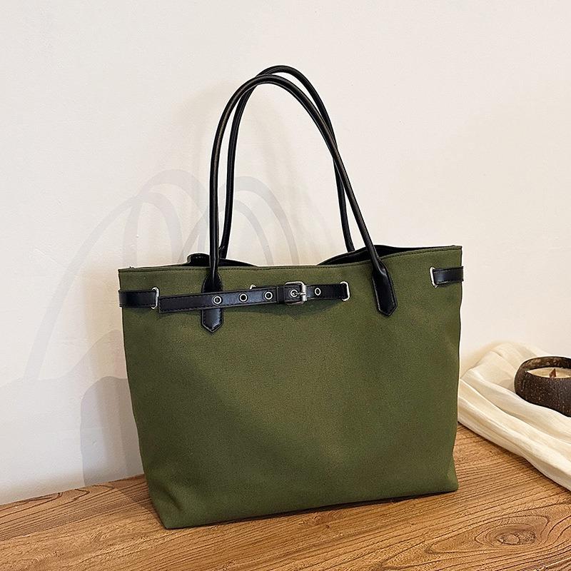 Canvas Simple Tote Bag Belt Buckle Niche Design Shoulder Bag Commuter Big Bag Computer Shoulder Underarm Bag