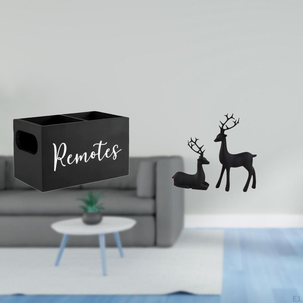 Retro Wooden Remote Holder And Black Deer Resin Figurine Set for Tabletop Organization Nightstand