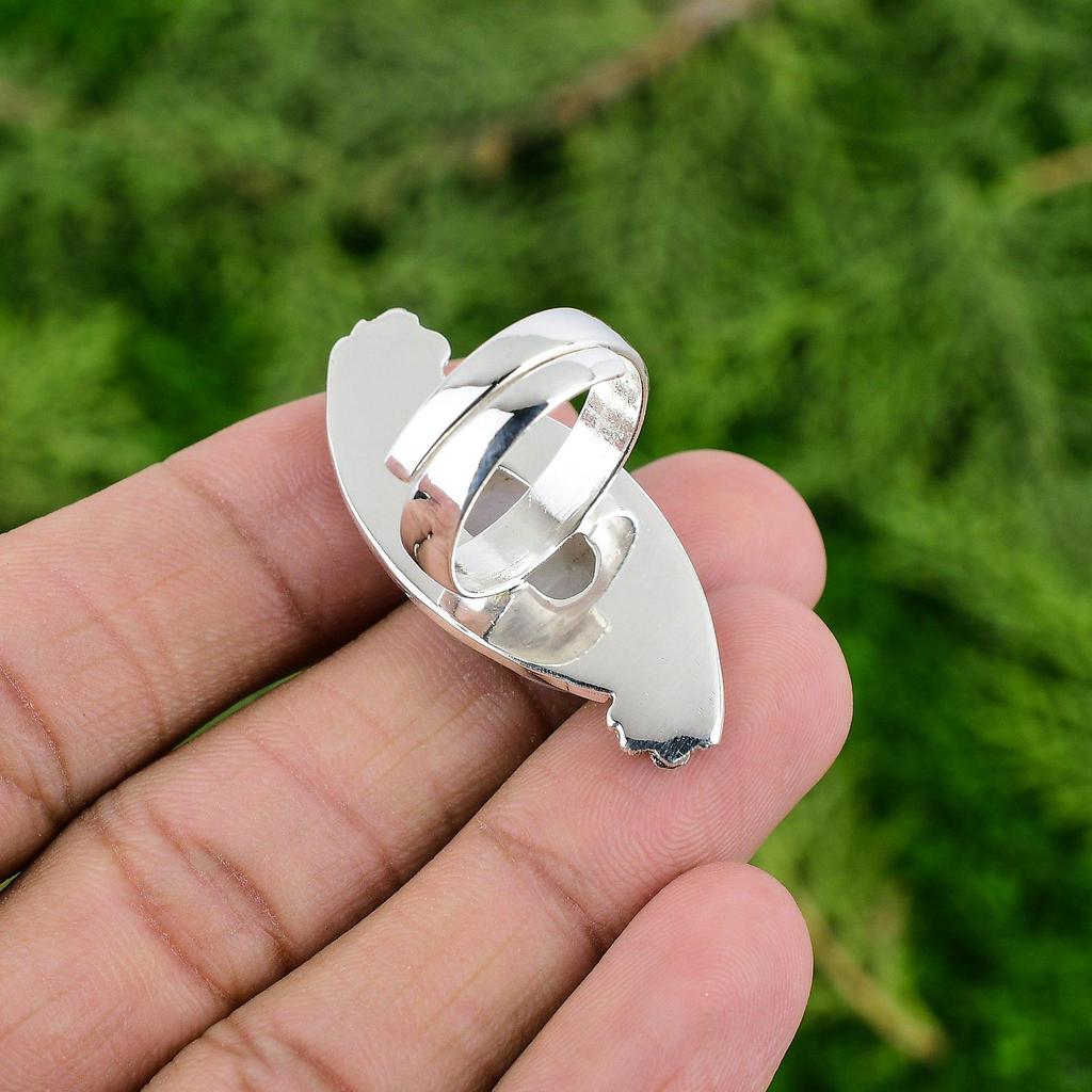 Mothers day Deal Oval Natural Rainbow Moonstone Flower Ring Jewelry 925 Silver