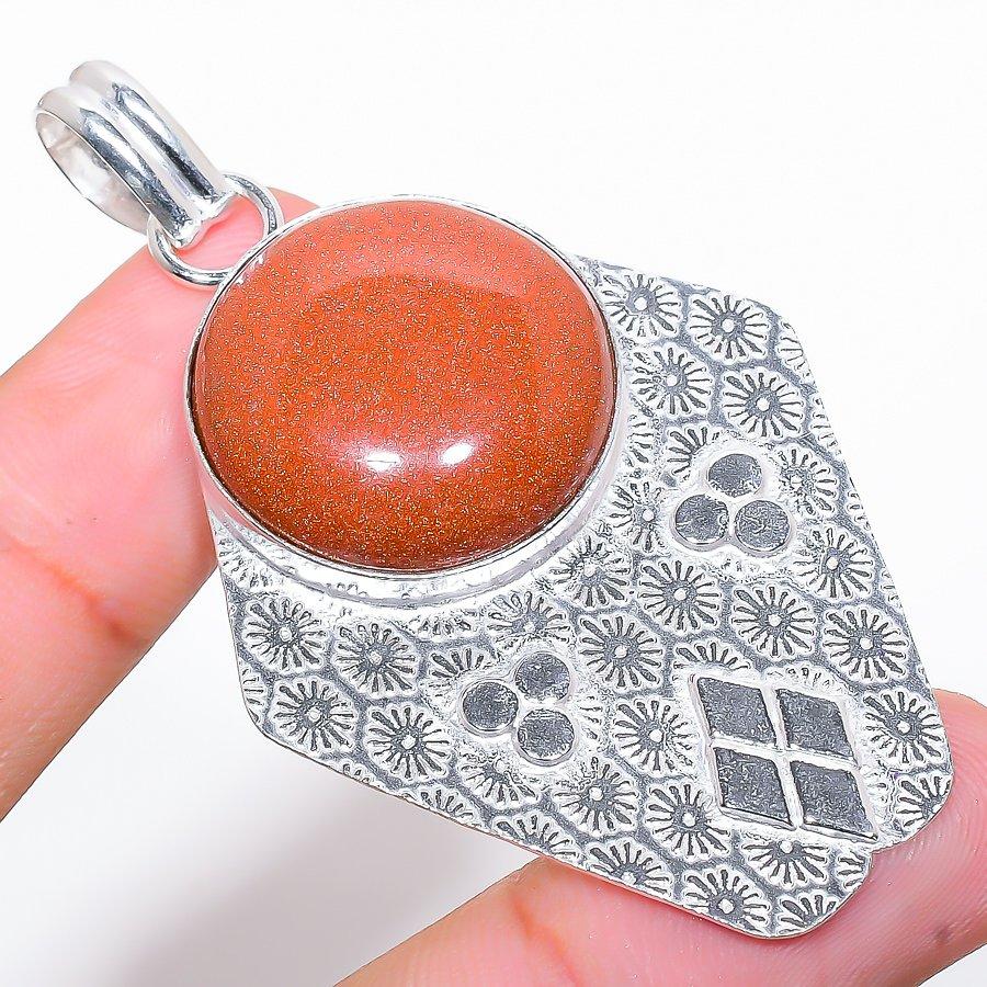 Red Sunstone Gemstone Handmade 925 Sterling Silver Jewelry Pendant 2.56"