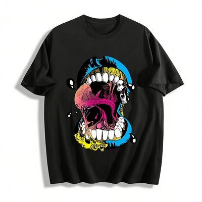 Psychedelic Exaggerated Mouth Print Street Style Loose T-Shirt Pure Cotton T-shirt
