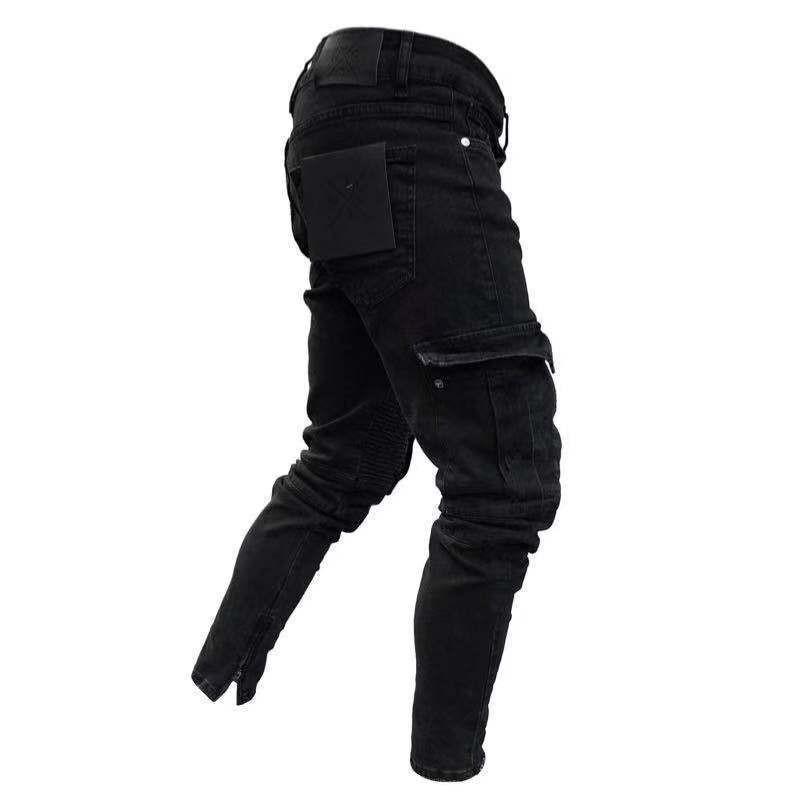 Stretch Men's Jeans Trendy Knee Hole Zip Calf Trousers