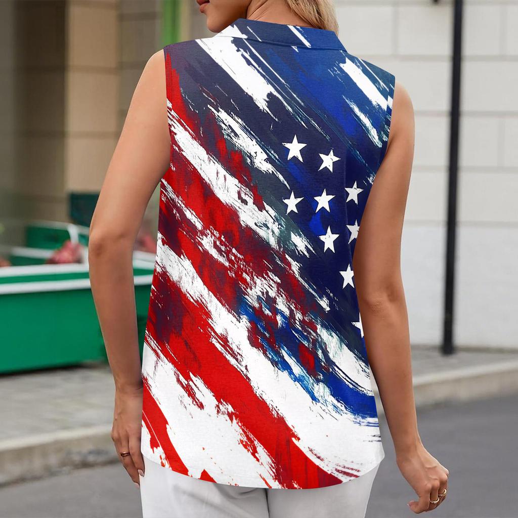 Women's Fashion Casual Button Sleeveless Independence Day Print V Neck Turn Down Collar Tank Top Summer Loose Fit Blouse