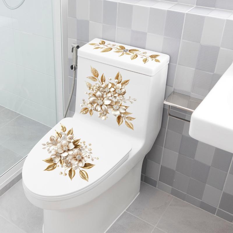 Light Luxury Golden Flower Toilet Sticker Bathroom Waterproof Self-adhesive Water Tank Decorative Sticker