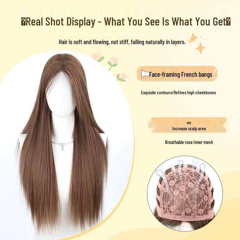 Wig for Women - Long Straight Linen Brown with Lace, Wen Qing Miki Style, Full Head Cover, Fluffy Natural Look