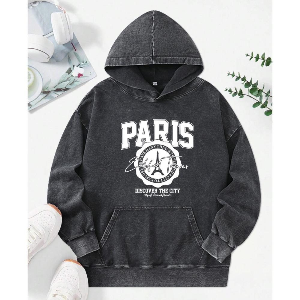 Paris Entdecke die Stadt Print Damen Hoodies Baumwolle Oversize Pullover Herbst Weich Streetwear Hip Hop Damen Kapuzenpullover