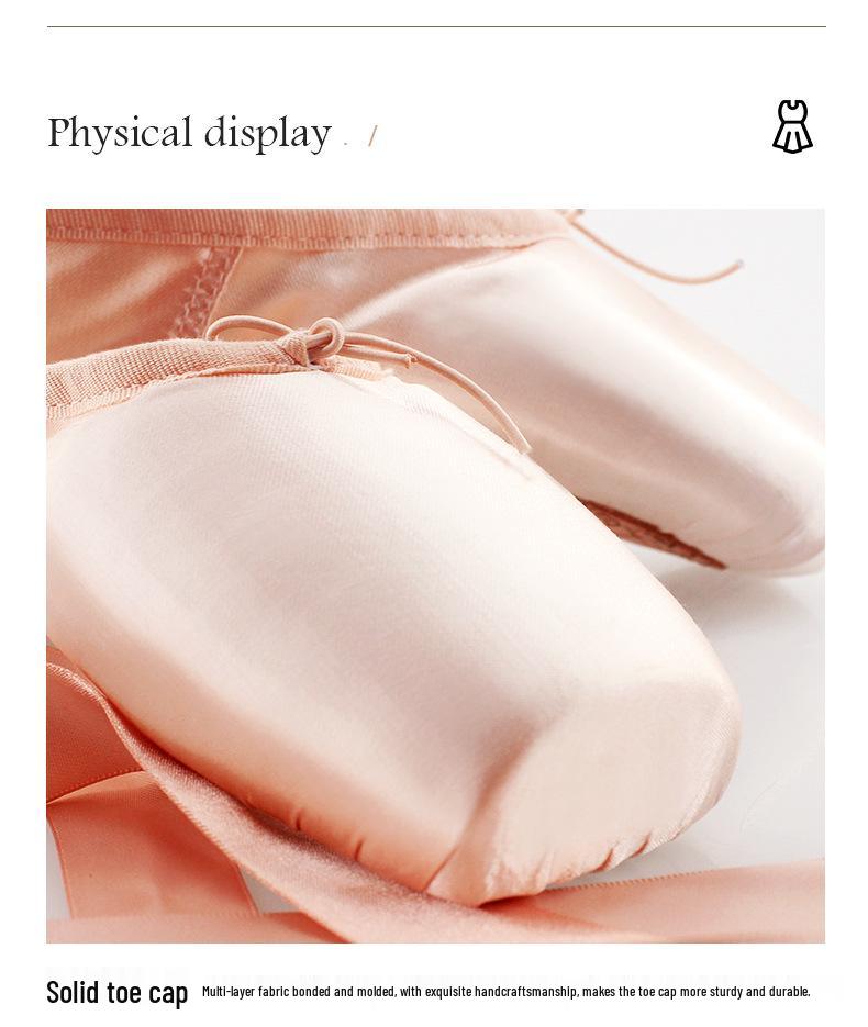 Dětské růžové saténové špičky pro začátečníky se stuhou - Tvrdá podrážka Dospělé taneční cvičky