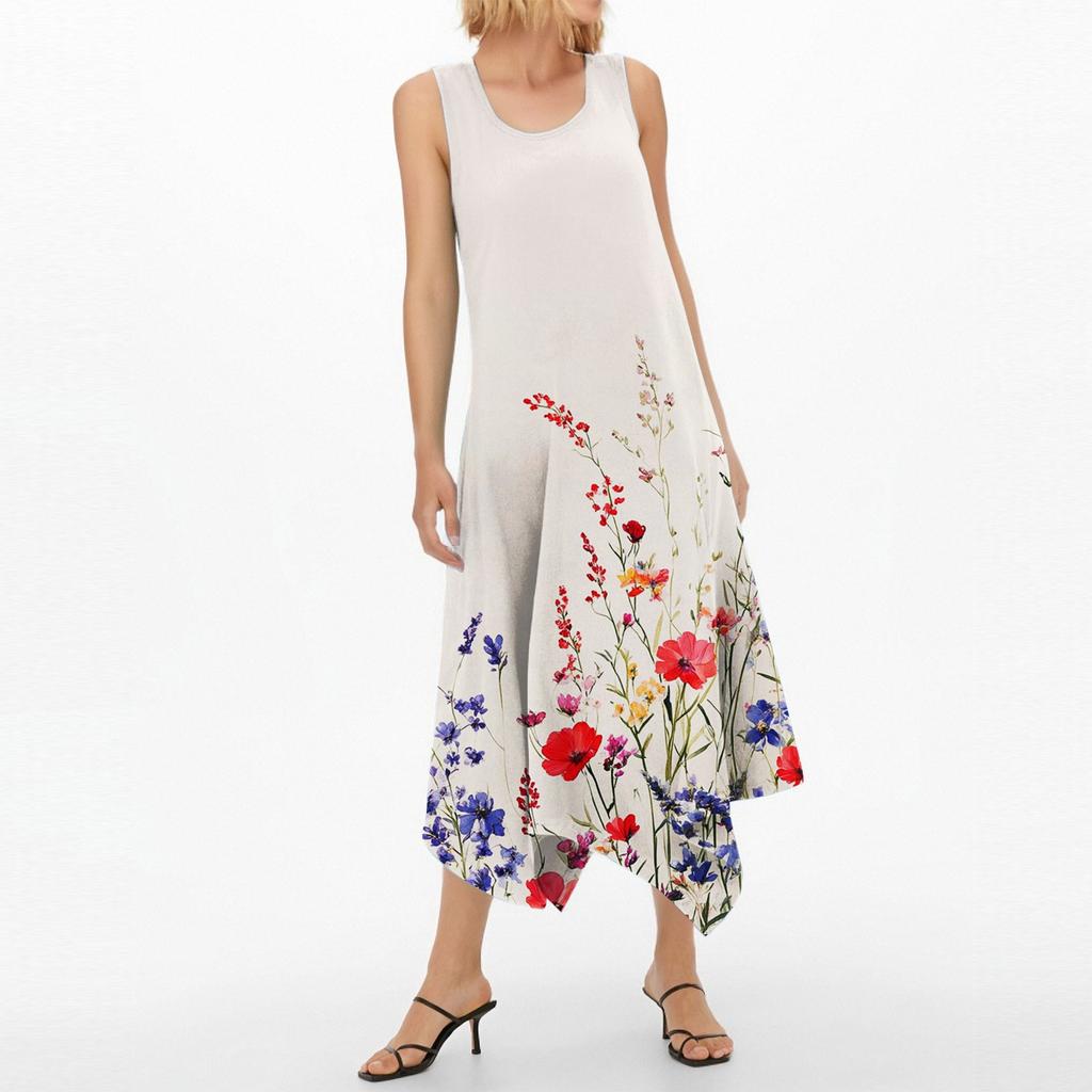 Women's Casual Fashion Round Neck Sleeveless Print Irregular Hem Midi Dress Hem Midi Dress