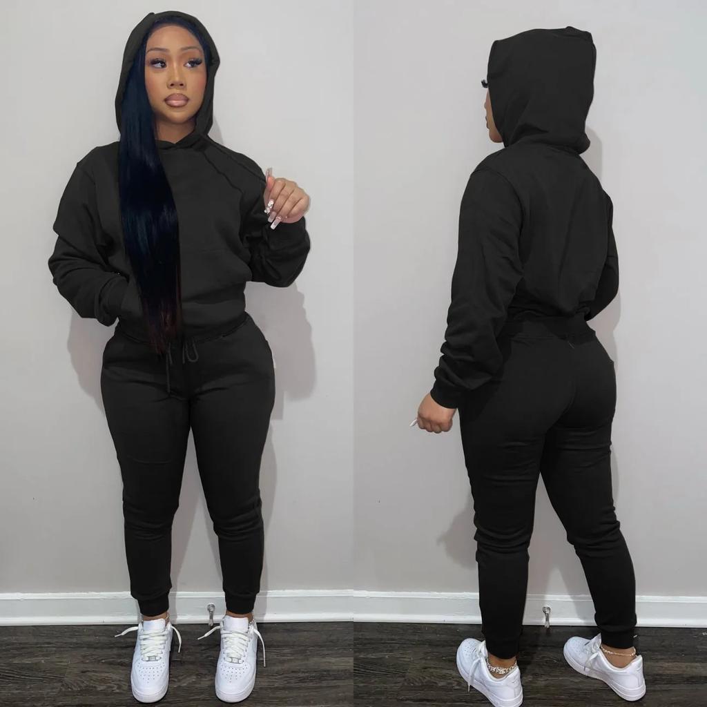 Einfarbiges Hoodie-Trainingsanzug-Set Damen Langarm Kapuzenoberteil Kordelzug Jogginghose Täglich Lounge Straße Lässig Sportbekleidung