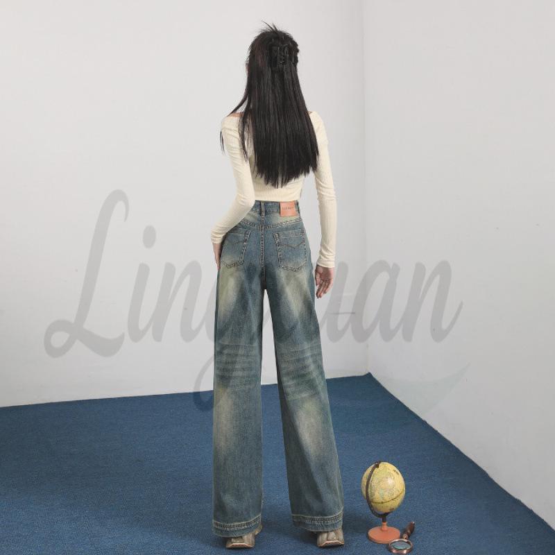 Retro Spicy Girl High-Waisted Wide-Leg Washed Pants L