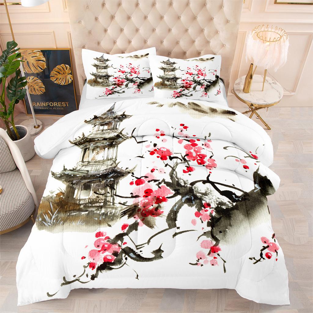 Peach Blossom Landscape Painting Fat Quilt Printing Quilt 3d Printing Bedding Feather Silk Cotton Thickened Three-piece Quilt Cover