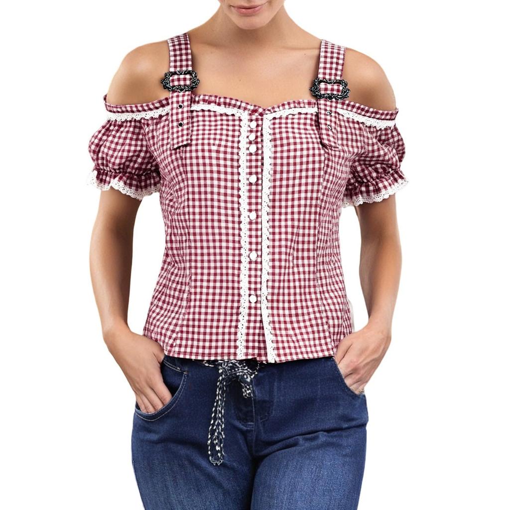 Traditional Women's Casual Short-Sleeve Plaid Shirt Beer Festival