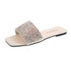 Flat bottom one-word drag 2025 summer new square head rhinestone slippers women's large size foreign trade women's shoes