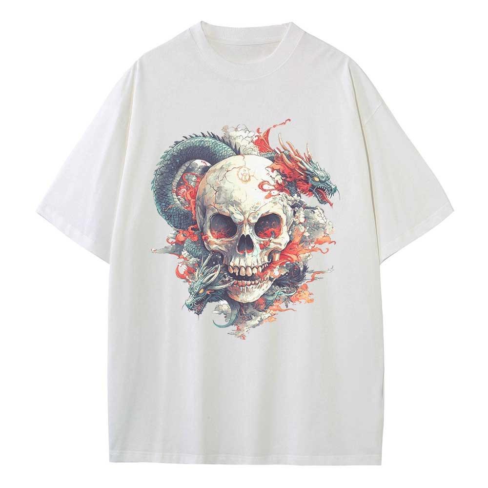 Cotton Loose T-Shirt Dragon Skull Graphic T-Shirt Drop Shoulder Retro Unisex Versatile Top T-Shirt Breathable Printing