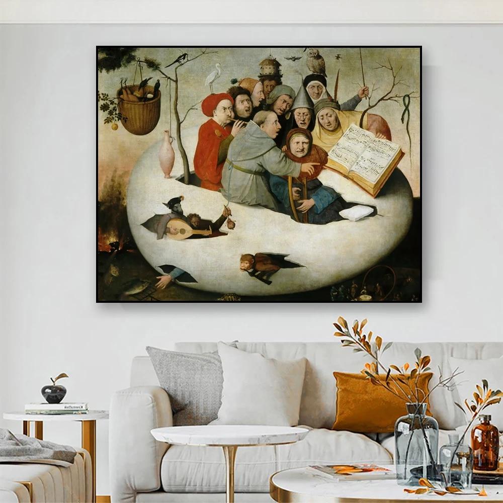 Classical Funny Oil Painting Poster The Concert In an Egg Prints Hieronymus Bosch Canvas Painting Kitchen Dinning Room Decor