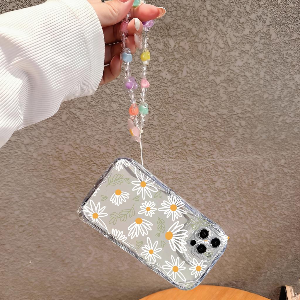 Clear Floral Leaf Chain Strap 3D Wave Case For IPhone 17 16 15 14 13 12 11 Pro Max 17 Pro 17 Air 16e 16 Plus 13 Mini Soft Cover