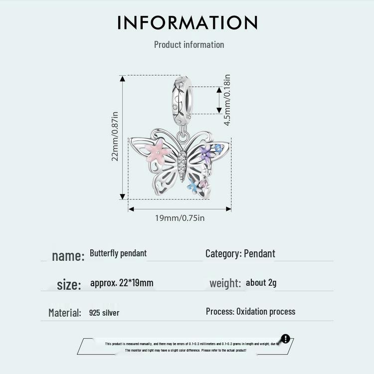 S925 Sterling Silver Exquisite Butterfly Tassel Beaded Pendant for DIY Jewelry