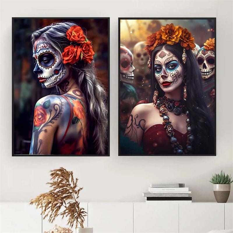 Festive and Mysterious Mexican Girl Day of Dead Gothic Sugar Skulls Canvas Painting Posters Prints Wall Art Picture Home Decor