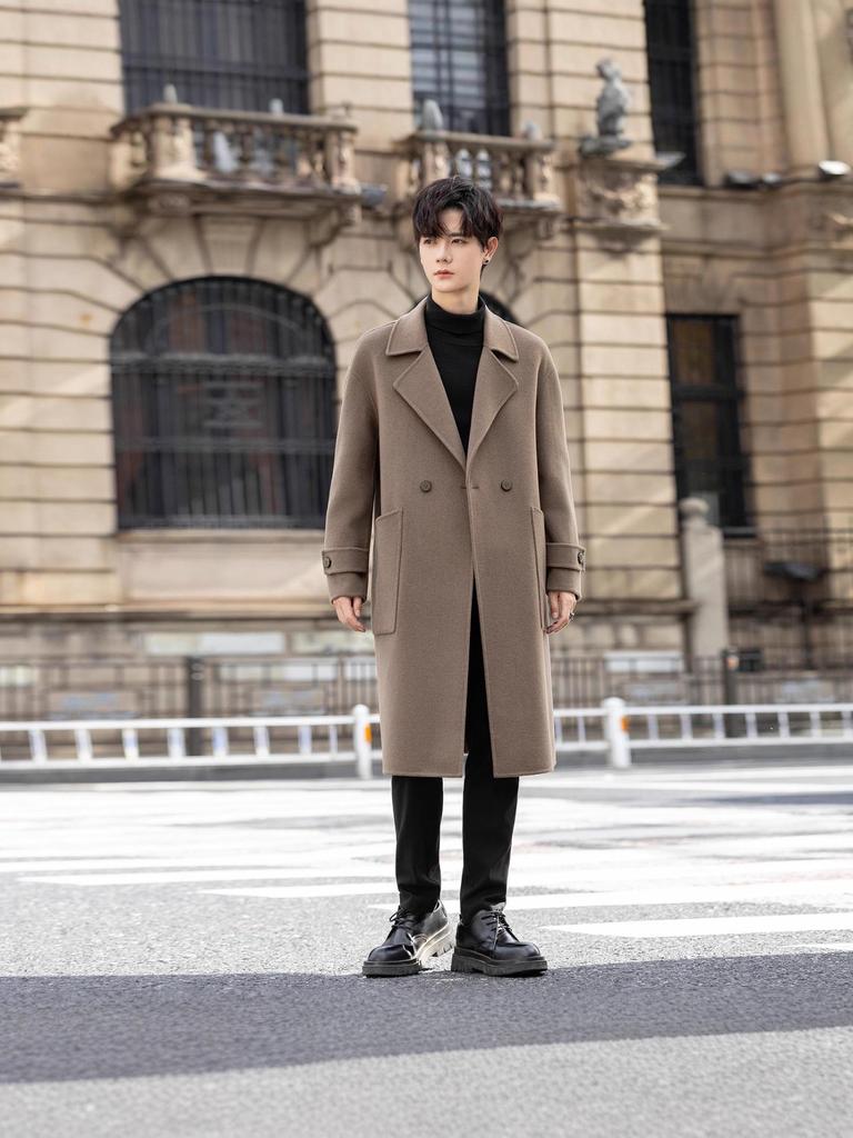 Men's Double-Sided Wool Blend Mid-Length Coat: Thickened Korean-Style Windbreaker for Autumn and Winter.