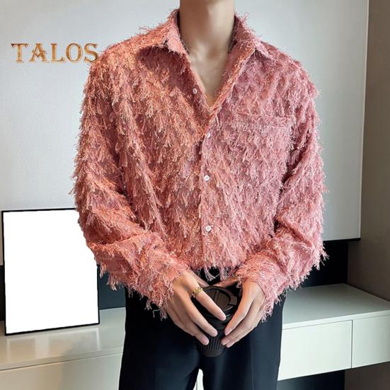 Men Shirt with Breat Pocket And Tassel Decor Turn-down Collar Single-breasted Long Sleeves Solid Color Holiday Christmas Party Club Top
