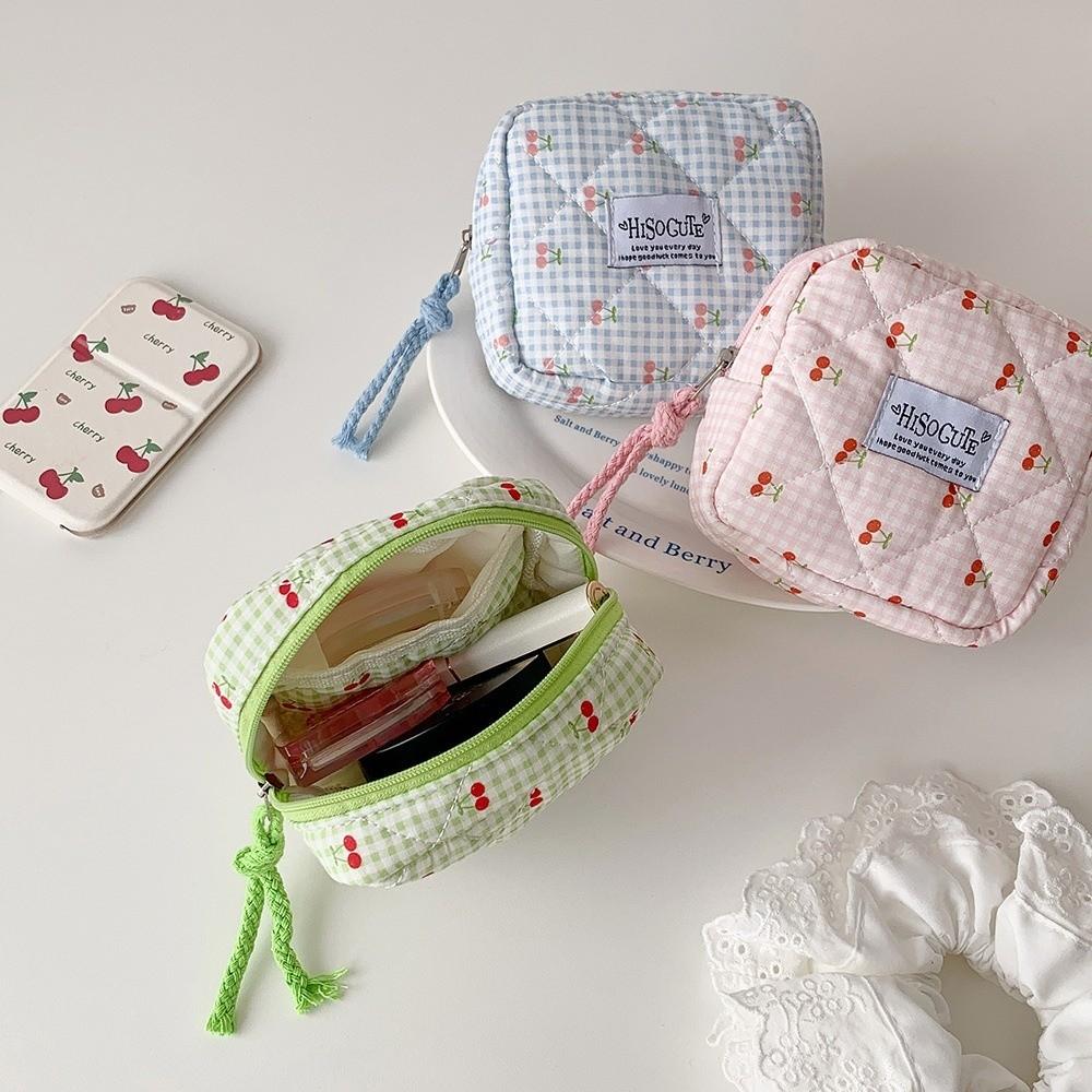 Single Layer Korean Cherry Pencil Case Cute Design Cloth Plaid Pen Bag Birthday Gift