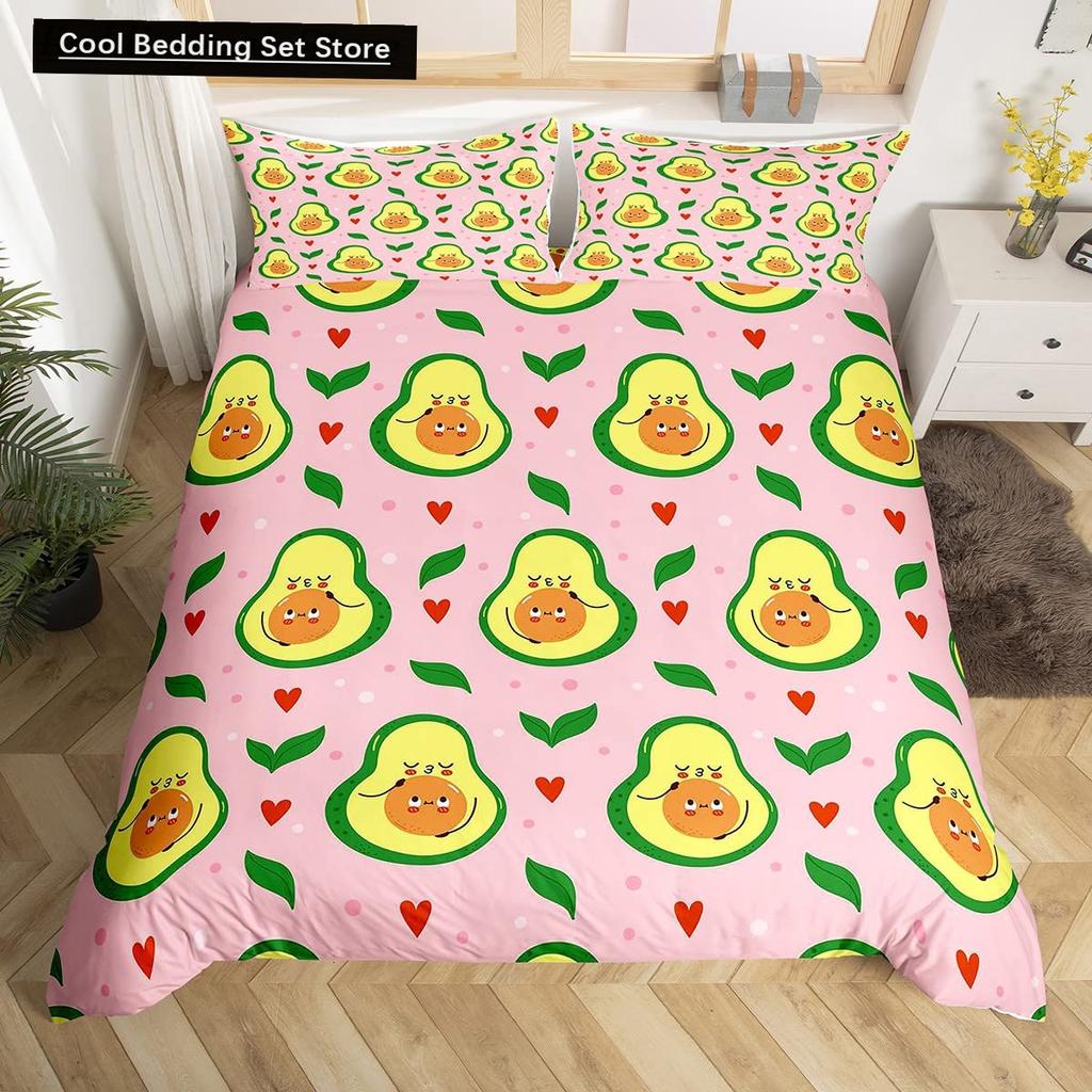 Husă de pilotă verde avocado King Queen Set de lenjerie de pat cu avocado din desene animate Husă de pilota cu fructe Husă de pilotă din poliester cu plante tropicale