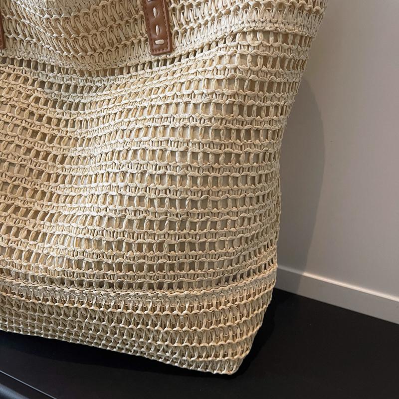 Borsa Tote in Paglia Intrecciata con Manici in Pelle Dettaglio Frangia Borsa da Spiaggia Estiva Moda Donna Grande Capienza