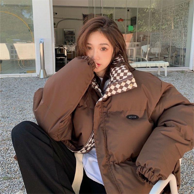 Chessboard Plaid Cotton Coat Women's Winter Retro Harajuku Thick and Loose Bread Suit Unique Design