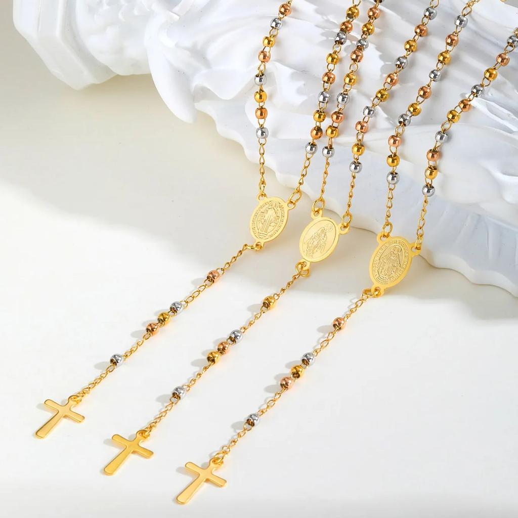 Vnox Dreifarbige Rosenkranz Jungfrau Maria Halskette Für Frauen Edelstahl Modeschmuck Heiliger Benediktus Kreuz Y-förmige Halskette