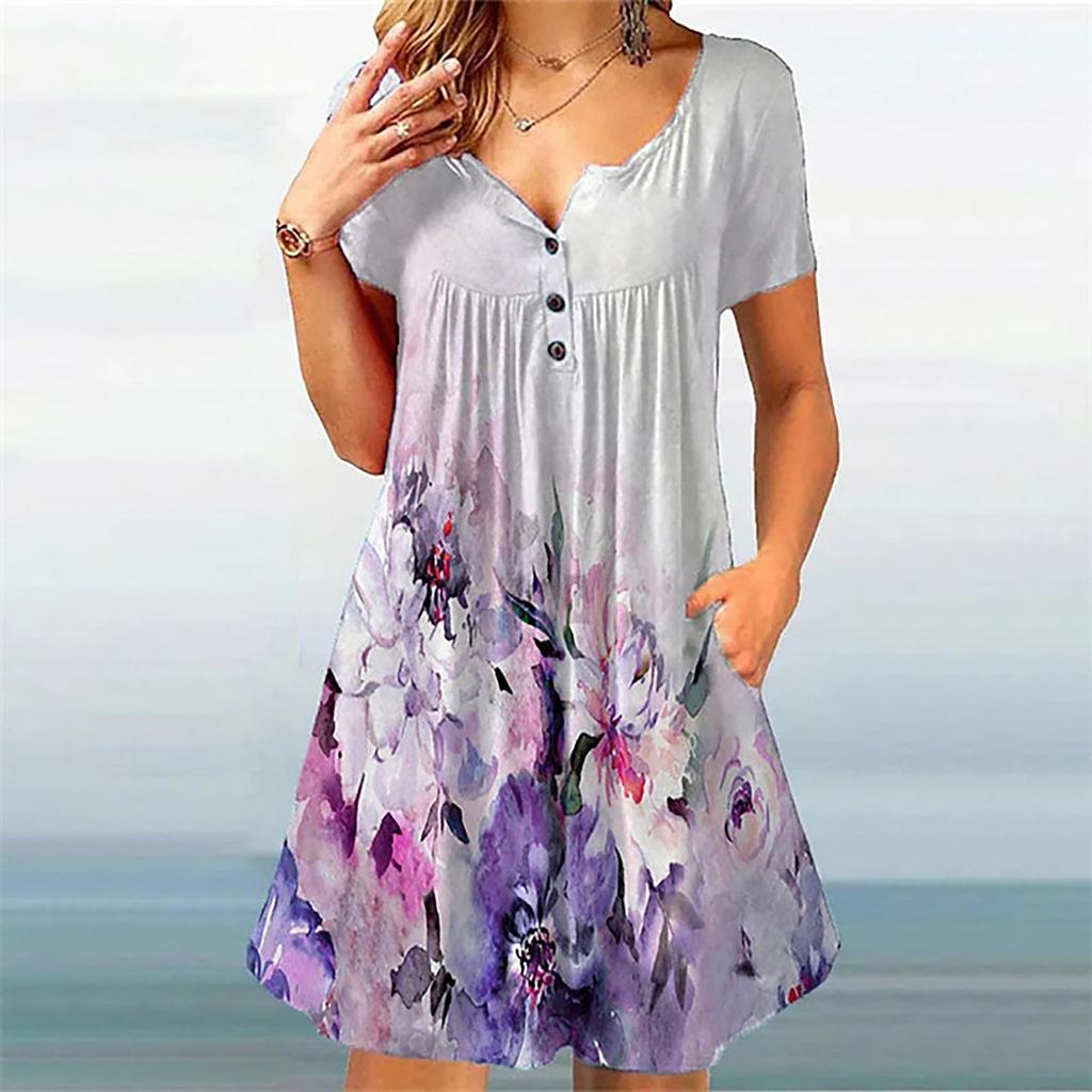 Ladies Casual Round Neck Button Ruched Trim Printed High Waist Loose Dress