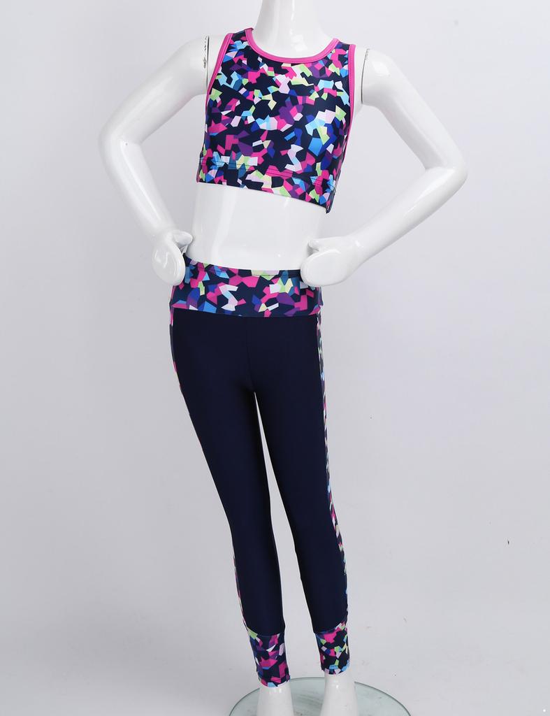 2Pcs Elastic Waistband Long Leggings Pants + Sleeveless Mesh Racer Back Tanks Tops Digital Print Gym Dancewear Outfit