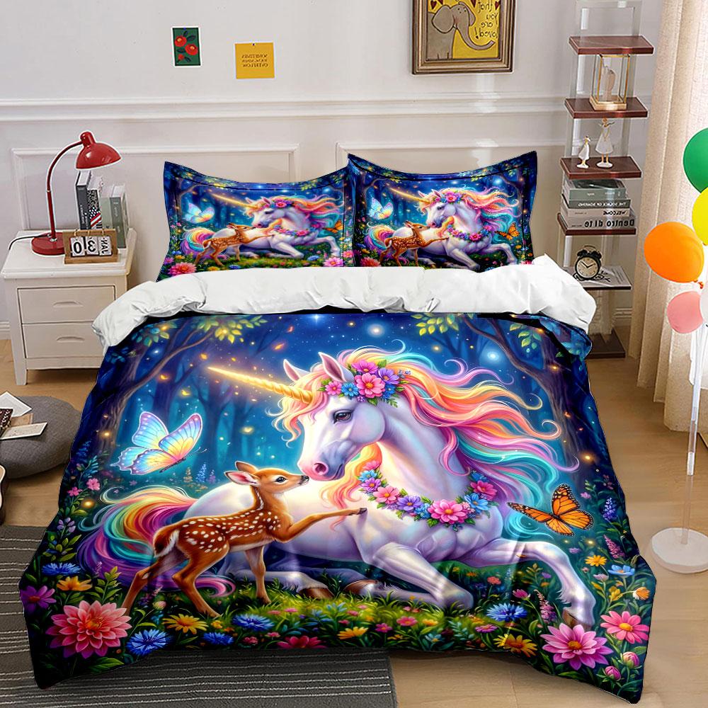 Verzaubertes Einhorn und Reh im Wald Muster Bettbezug Set Digitaldruck Bunt Polyester Bettwäsche mit Reißverschluss Verschluss Geschenke