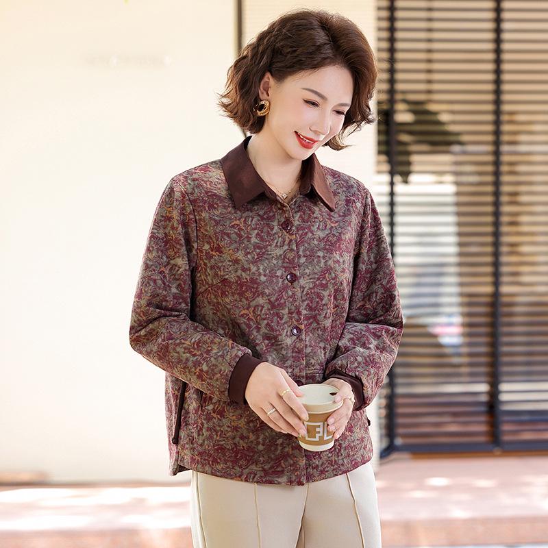 2025 Autumn/Winter New Mom's Casual Print Loose Lapel Zipper Jacket for Middle-Aged and Elderly Women