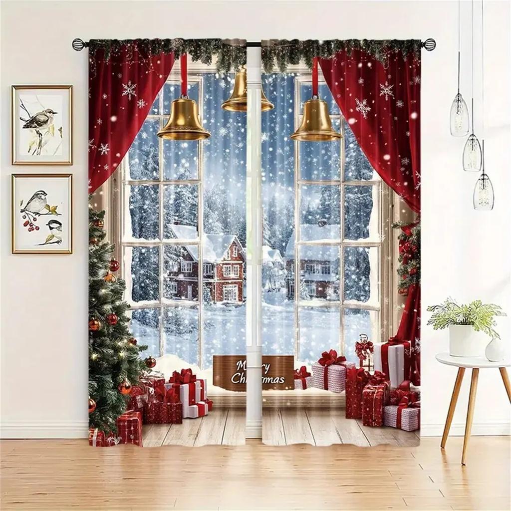 2pcs Christmas Tree Red Christmas Curtains Polyester, Rod Pocket Design for Living Room Bedroom Kitchen Decor -Machine Washable