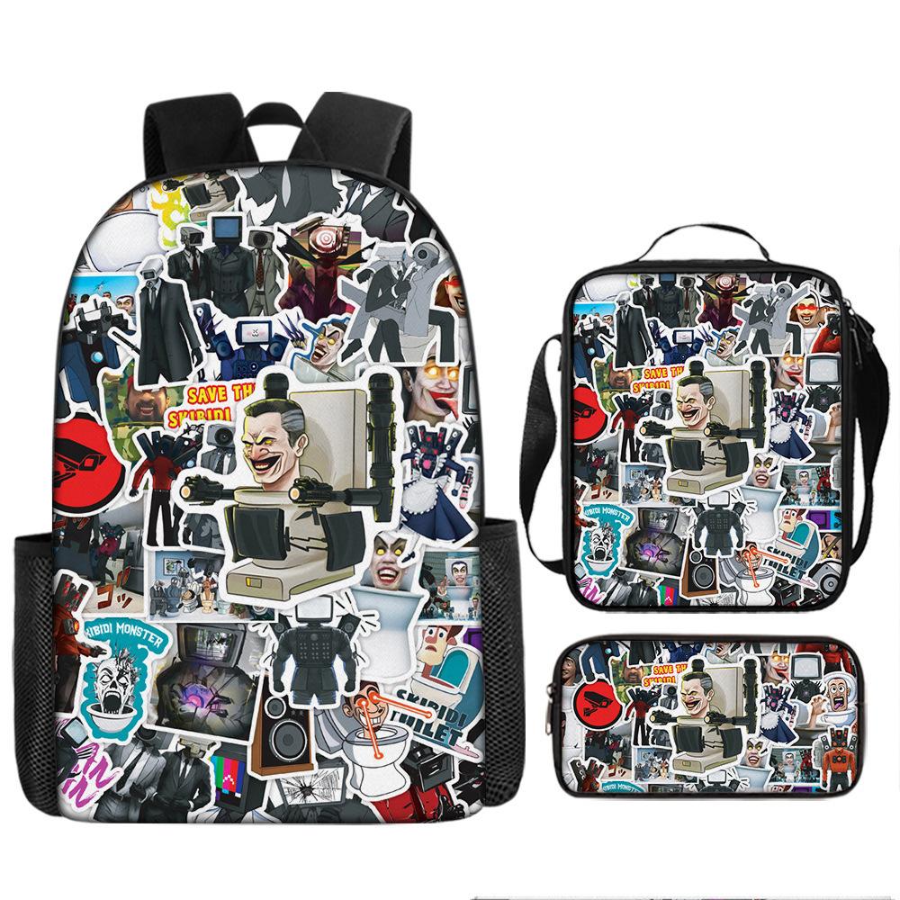 Toilet Man Backpack Trendy Backpack European and American Retro Schoolbag Cartoon Backpack Three-piece Set