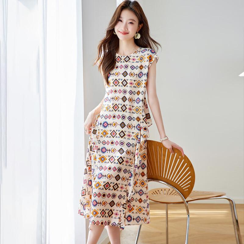 Srcr 100% Mulberry Silk Printed Ruffle Dress L
