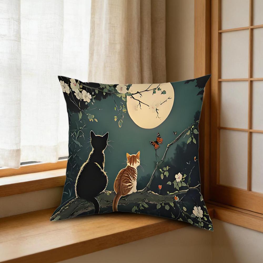 1Pc Vintage Style Cushion Cover Green Black Cat Moon Floral Pillowcase For Sofa Bedroom Decorative Throw Case Home Decoration