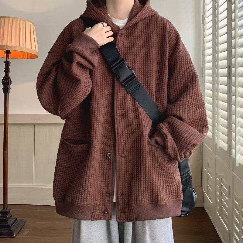 Japanese Style Hooded Open Cardigan Sweatshirt Men's Spring Autumn Heavy Pure Color Loose Trendy Jacket Couple Outerwear