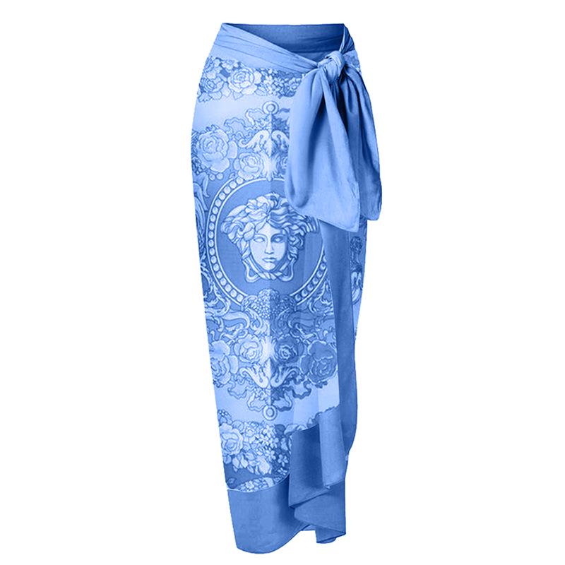 

European & American Holiday Midi Skirt: Women s Abstract Print One-Piece Casual Tie-Up Beach Dress One Size синій