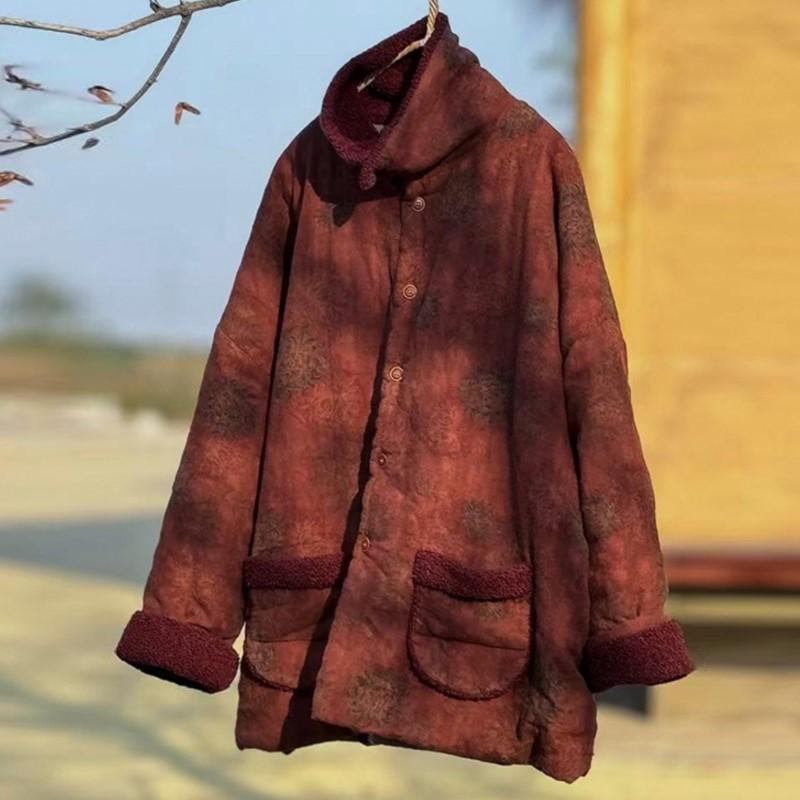 Johnature Women Vintage Print Floral Button Winter Coats Pockets Warm Chinese Style Coats