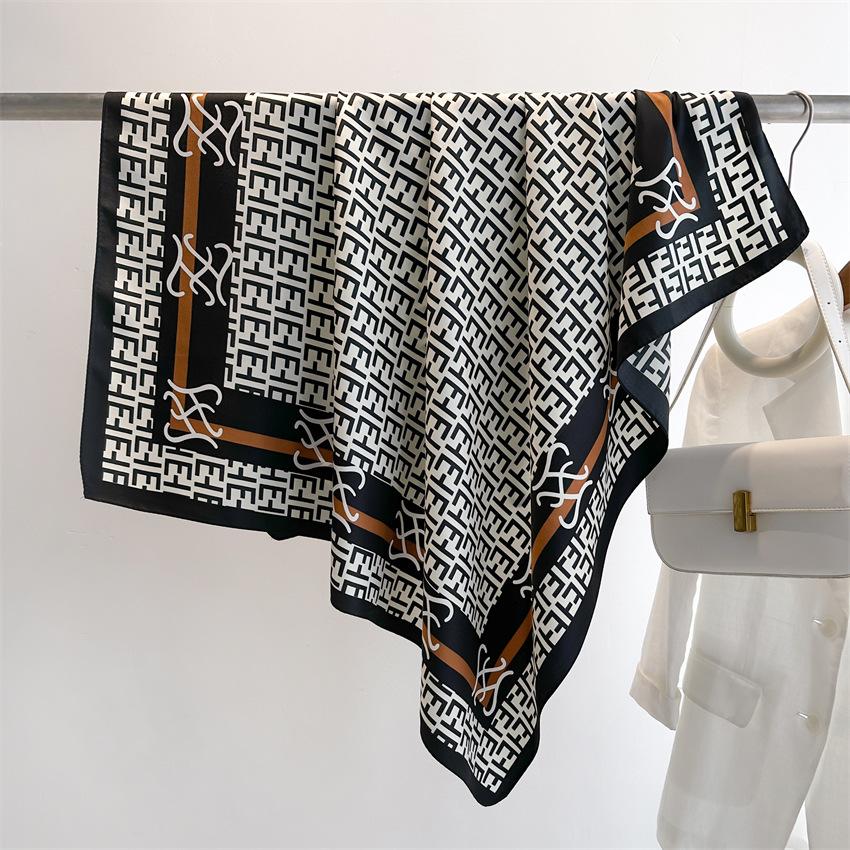 New Premium Printed Silk Scarf 91cm Twill Scarf Fashion Versatile Letter E Large Square Scarf Sunscreen Shawl Headscarf