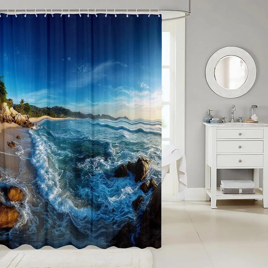 Cartoon Cat Kids Shower Curtains,Ocean Wave Japanese Ukiyo-e Bathroom Curtain,Ragdoll Abstract Stripe Home Decor,Sea Blue Retr